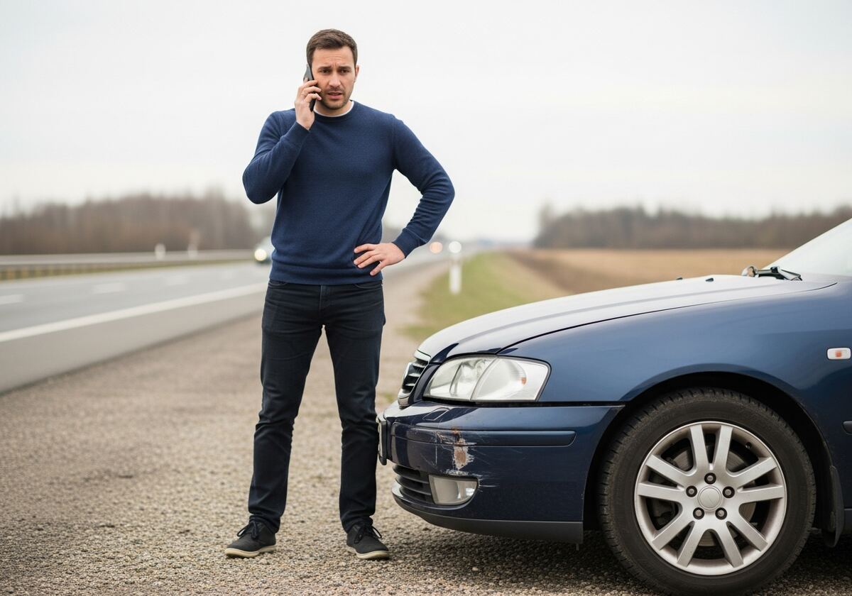 Driver calling for help next to a damaged car on the roadside