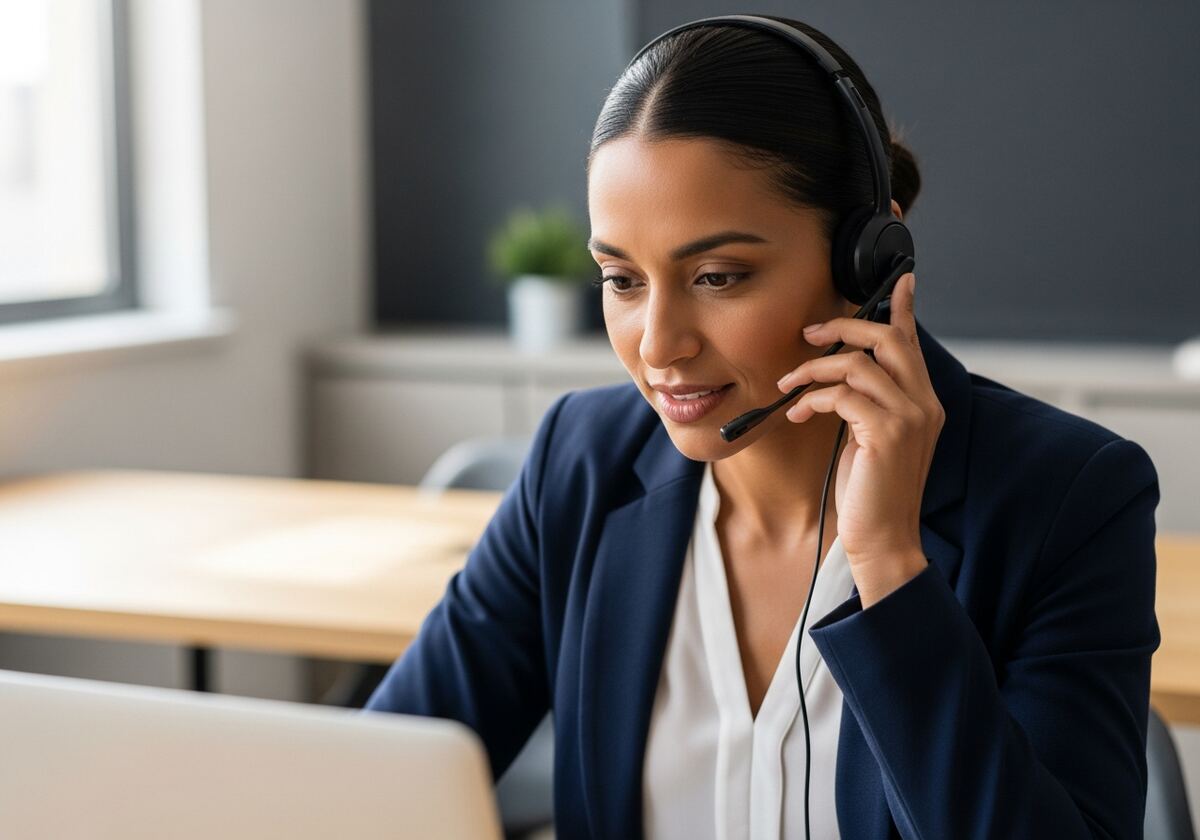Intake representative on a headset call at her desk